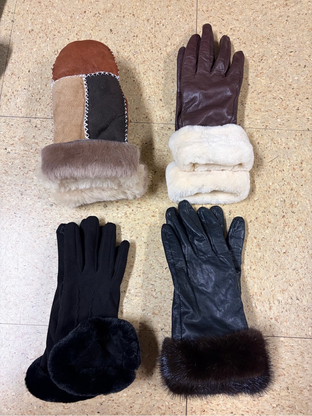 Lot Of 4 Womens Black Brown Cashmere Leather Gloves Faux Fur Cuff Elegant Winter
